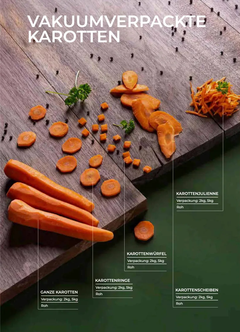 Komplettes Angebot an Karottenschnitten: ganz, in Scheiben, Ringe, Würfel und Julienne – alles roh und vakuumverpackt.